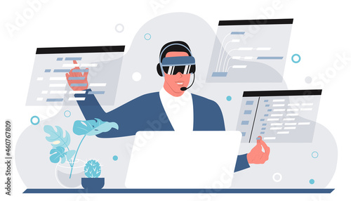 A young male programmer writes software code in virtual reality glasses. Flat vector illustration