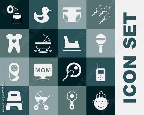 Set Little girl head, Baby monitor walkie talkie, Rattle baby toy, diaper, stroller, clothes, Breast pump and potty icon. Vector