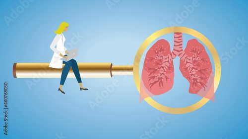 Woman sitting on golden magnifying glass. Lungs in lens. Vector illustration. Dimension 16:9. EPS10.