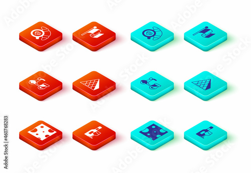 Set Cheese, Wine bottle with glass, Scooter, Louvre pyramid, Flag France and Coffee cup croissant icon. Vector
