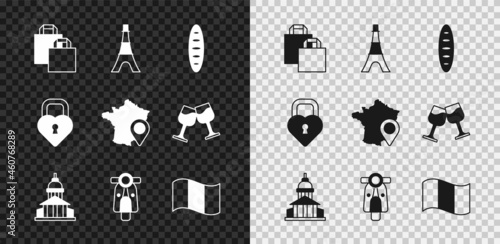 Set Paper shopping bag, Eiffel tower, French baguette bread, Museum building, Scooter, Flag France, Castle the shape of heart and Map icon. Vector
