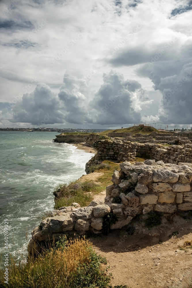 The rocky coast of the Black Sea. The city of Sevastopol. Landscape photography.