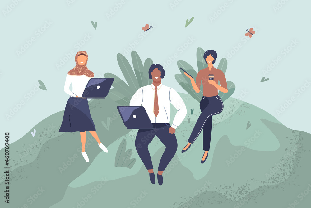 Office workers sitting on green lawn. Concept of good comfortable environment at work, favorable psychological climate,high pay and freedom of creativity for employees. Vector flat illustration