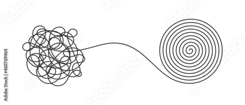 Chaos and order business concept flat style design vector illustration isolated on white background. Tangled disorder turns into spiral order line, find solution. Coaching, mentoring or psychotherapy.