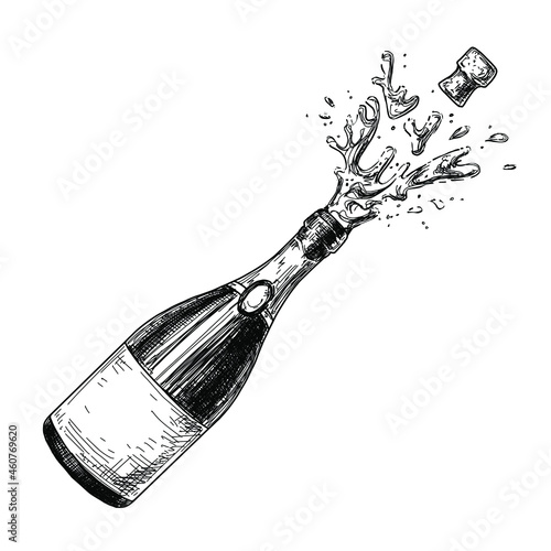 Obraz na płótnie Champagne bottle sketch ink graphic set illustration, draft silhouette drawing, black on white line art. Vintage etching drink design. w salonie