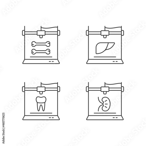 Three dimensional bioprinting linear icons set. Biotech printing project. Bone model. Dental implants. Customizable thin line contour symbols. Isolated vector outline illustrations. Editable stroke
