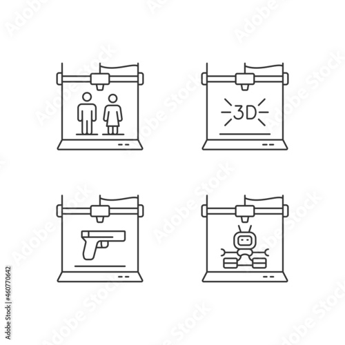 Produce 3d models linear icons set. Three dimensional object fabrication. Weapon manufacture. Customizable thin line contour symbols. Isolated vector outline illustrations. Editable stroke