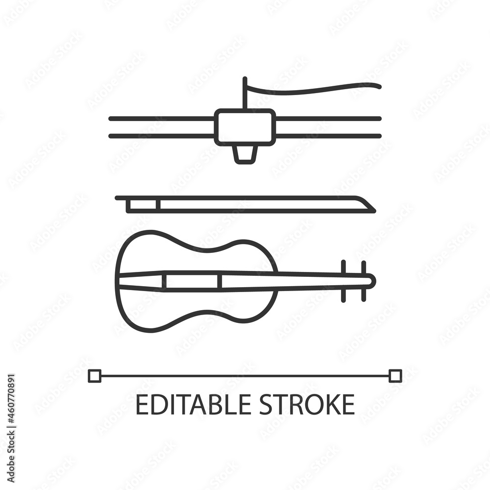 3d printed musical instruments linear icon. Printing acoustic violin. Additive manufacturing. Thin line customizable illustration. Contour symbol. Vector isolated outline drawing. Editable stroke