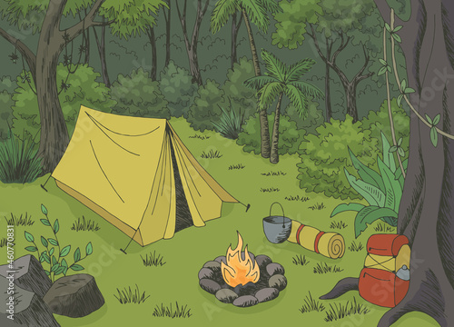 Jungle camping rain forest graphic color landscape sketch illustration vector