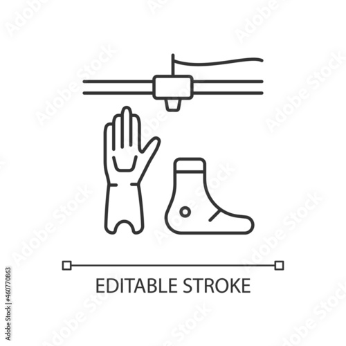 3d printed prosthetics linear icon. Fully customized design to wearer. Use lightweight materials. Thin line customizable illustration. Contour symbol. Vector isolated outline drawing. Editable stroke