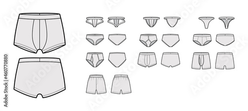 Set of mens briefs underwear technical fashion illustration with elastic waistband, Athletic-style skin-tight. Flat Trunk lingerie template front, back, grey color. Women unisex swimsuit CAD mockup