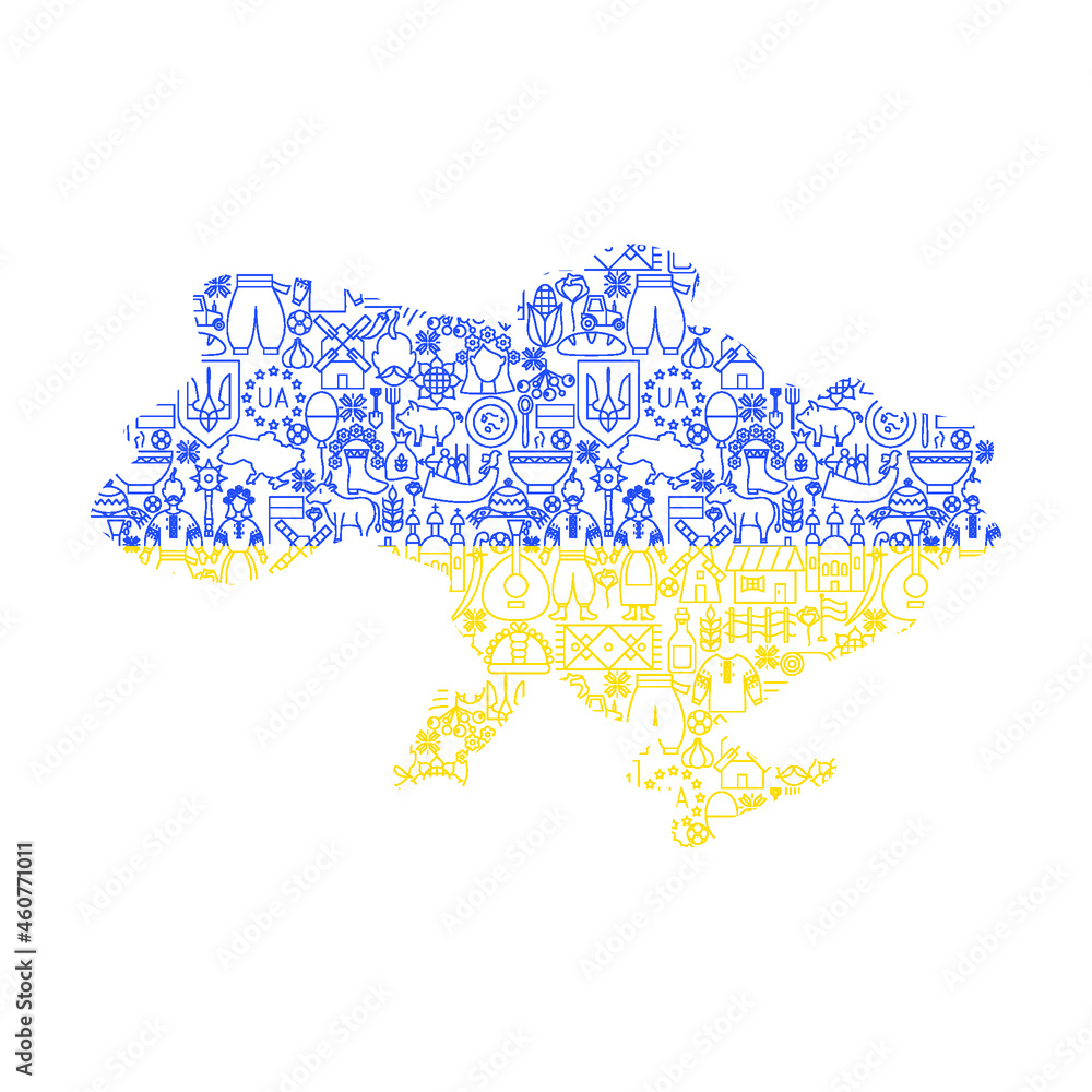 Ukraine Country Line Icons. Vector Thin Outline National Symbols.