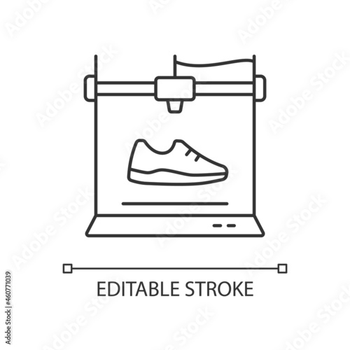 3d printed shoes linear icon. Fabricating lightweight footwear. New manufacturing process. Thin line customizable illustration. Contour symbol. Vector isolated outline drawing. Editable stroke