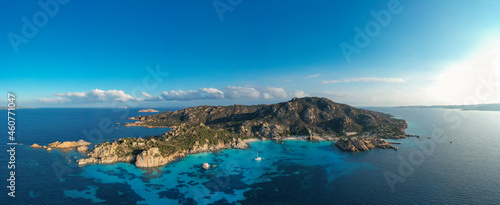 View from above, aerial shot, stunning panoramic view of Spargi Island with Cala Corsara, a white sand beach bathed by a turquoise water. La Maddalena archipelago National Park, Sardinia, Italy. photo