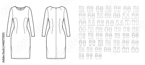 Set of sheath Dresses casual technical fashion illustration with long short elbow sleeves, A-line, circular fullness skirt. Flat apparel front, back, white color style. Women men unisex CAD mockup