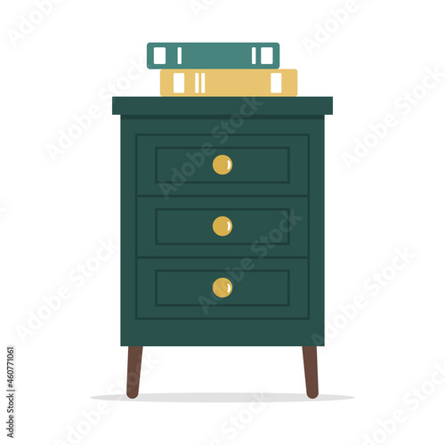 Green bedside table with books isolated on white background. Icon or individual design element. Vector illustration in flat style.