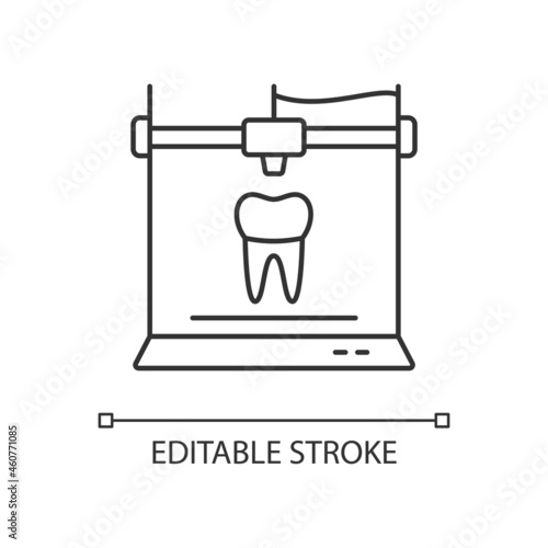 3d printing for dentistry linear icon. Dental implants production. Innovation in medical field. Thin line customizable illustration. Contour symbol. Vector isolated outline drawing. Editable stroke