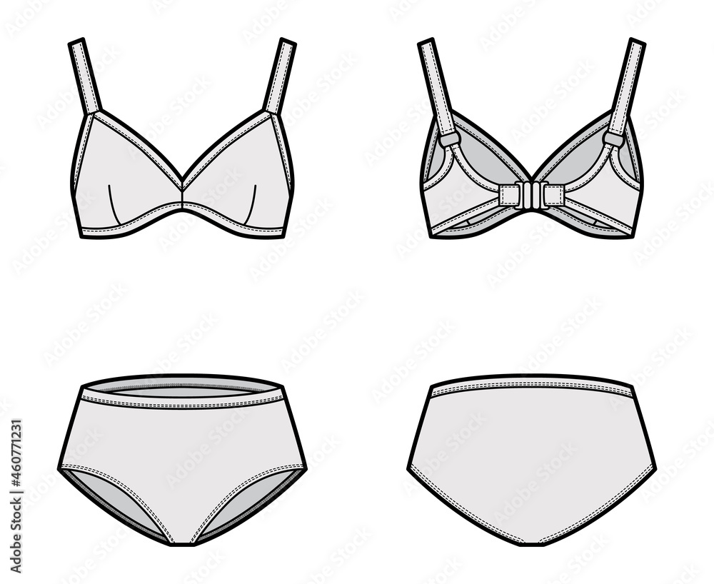 Set of lingerie - soft cup bra and classic briefs panties technical fashion illustration. Flat brassiere knickers template front, back grey color style. Women men unisex underwear CAD mockup Set of lingerie - soft cup bra and classic briefs panties technical fashion illustration. Flat brassiere knickers template front, back grey color style. Women men unisex underwear CAD mockup