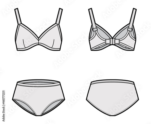 Set of lingerie - soft cup bra and classic briefs panties technical fashion illustration. Flat brassiere knickers template front, back grey color style. Women men unisex underwear CAD mockup