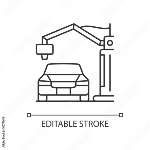 3d printed automobile linear icon. Innovative automotive project. Printing car prototype. Thin line customizable illustration. Contour symbol. Vector isolated outline drawing. Editable stroke