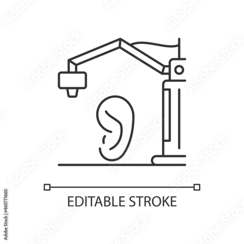 3d printed ear linear icon. Produce artificial human ear. Bioprinting method. Customizable organ. Thin line customizable illustration. Contour symbol. Vector isolated outline drawing. Editable stroke