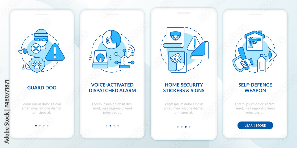 Burglary prevention blue onboarding mobile app page screen. Security system walkthrough 4 steps graphic instructions with concepts. UI, UX, GUI vector template with linear color illustrations Burglary prevention blue onboarding mobile app page screen. Security system walkthrough 4 steps graphic instructions with concepts. UI, UX, GUI vector template with linear color illustrations