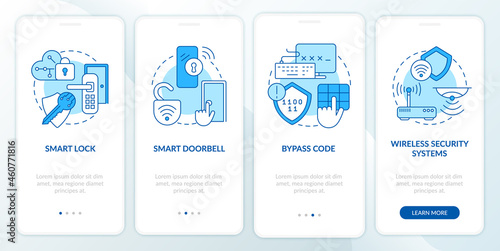 Home automation blue onboarding mobile app page screen. Home security tools walkthrough 4 steps graphic instructions with concepts. UI, UX, GUI vector template with linear color illustrations