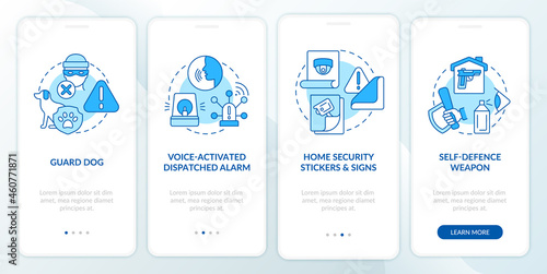Burglary prevention blue onboarding mobile app page screen. Security system walkthrough 4 steps graphic instructions with concepts. UI, UX, GUI vector template with linear color illustrations