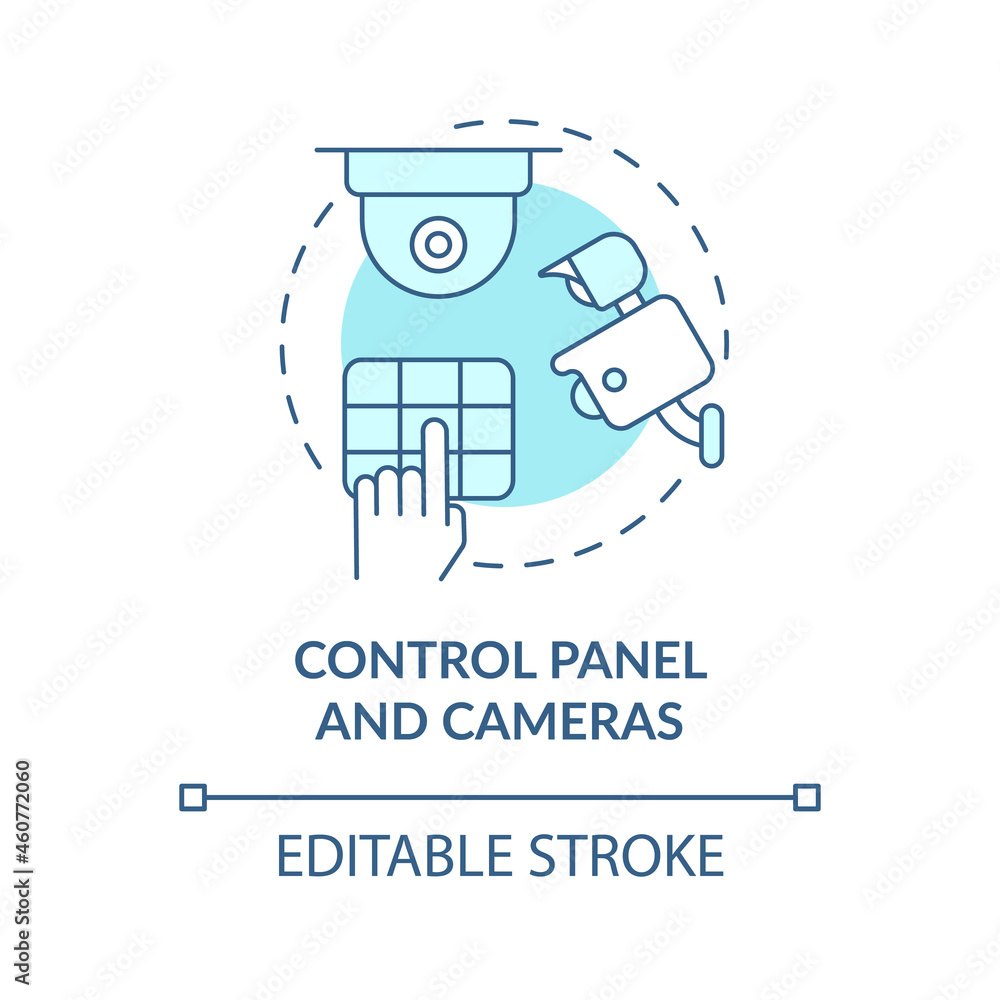 Control panel and cameras blue concept icon. House safeguard abstract idea thin line illustration. Home protection system. Remote and wired. Vector isolated outline color drawing. Editable stroke Control panel and cameras blue concept icon. House safeguard abstract idea thin line illustration. Home protection system. Remote and wired. Vector isolated outline color drawing. Editable stroke