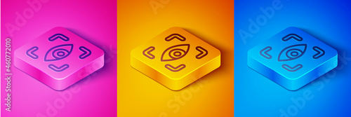 Isometric line Eye scan icon isolated on pink and orange, blue background. Scanning eye. Security check symbol. Cyber eye sign. Square button. Vector