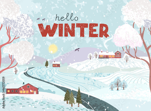 Vector greeting card with colorful illustration of nature winter landscape with a house in the Scandinavian style. Use it as poster, postcard, brochure, card, banner, graphic design