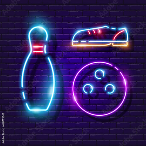Bowling pin, ball and shoes neon icon. Vector illustration for design. Glowing game sign. Sports concept. Bowling club sign.