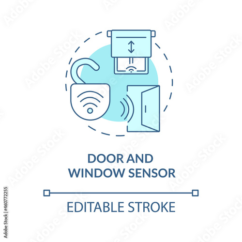 Door and window sensor blue concept icon. Sensor security system abstract idea thin line illustration. Device monitors if door is opened, closed. Vector isolated outline color drawing. Editable stroke