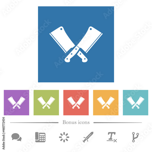 Two crossed meat cleavers flat white icons in square backgrounds