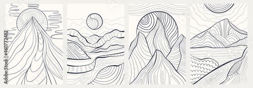 Antistress coloring book hand drawn illustration set. Line drawn mountain landscape. Trendy line art vector print. Modern drawings design for adults and kids.