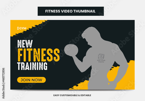 Fitness gym training video thumbnail and web banner. Gym agency social media video thumbnail 
Design template