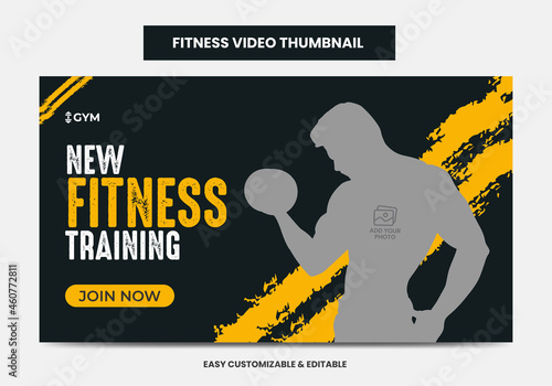 Fitness gym training video thumbnail and web banner. Gym agency social media video thumbnail 
Design template