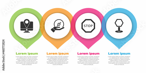 Set Monitor with location marker, Compass, Stop sign and Road traffic sign. Business infographic template. Vector