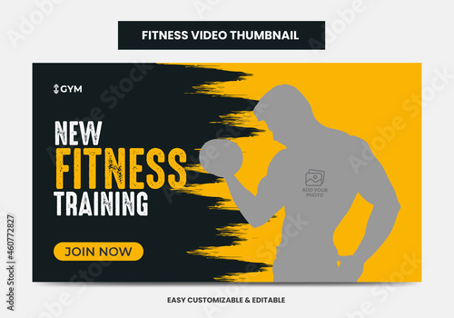 Fitness gym training video thumbnail and web banner. Gym agency social media video thumbnail 
Design template