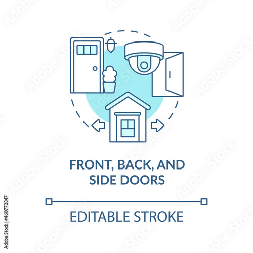 Front, back and side doors blue concept icon. Home security system abstract idea thin line illustration. Exterior camera for burglary prevention. Vector isolated outline color drawing. Editable stroke