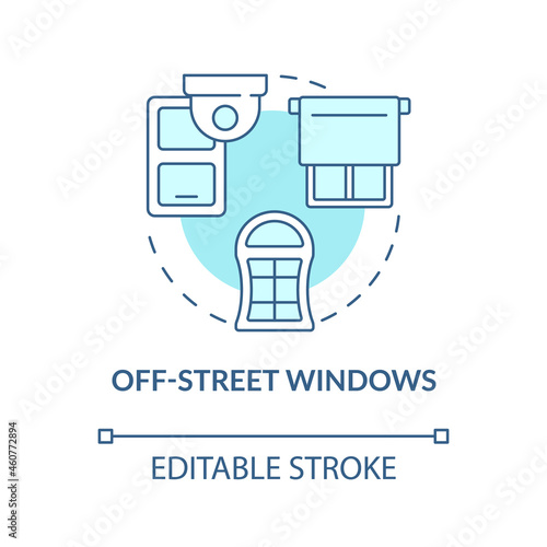 Off street windows blue concept icon. Security system abstract idea thin line illustration. Place cameras above windows. Break in prevention. Vector isolated outline color drawing. Editable stroke