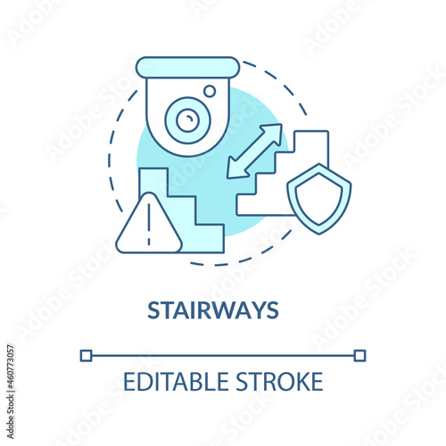 Stairways blue concept icon. Smart house security abstract idea thin line illustration. Place camera above staircase to basement. Home safety. Vector isolated outline color drawing. Editable stroke