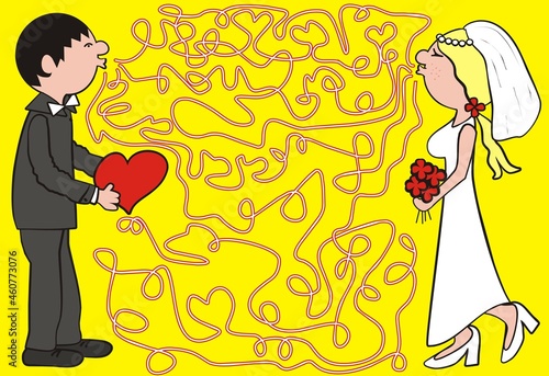 wedding card, labyrinth, maze, valentines day, funny game, young man and lady, vector illustration