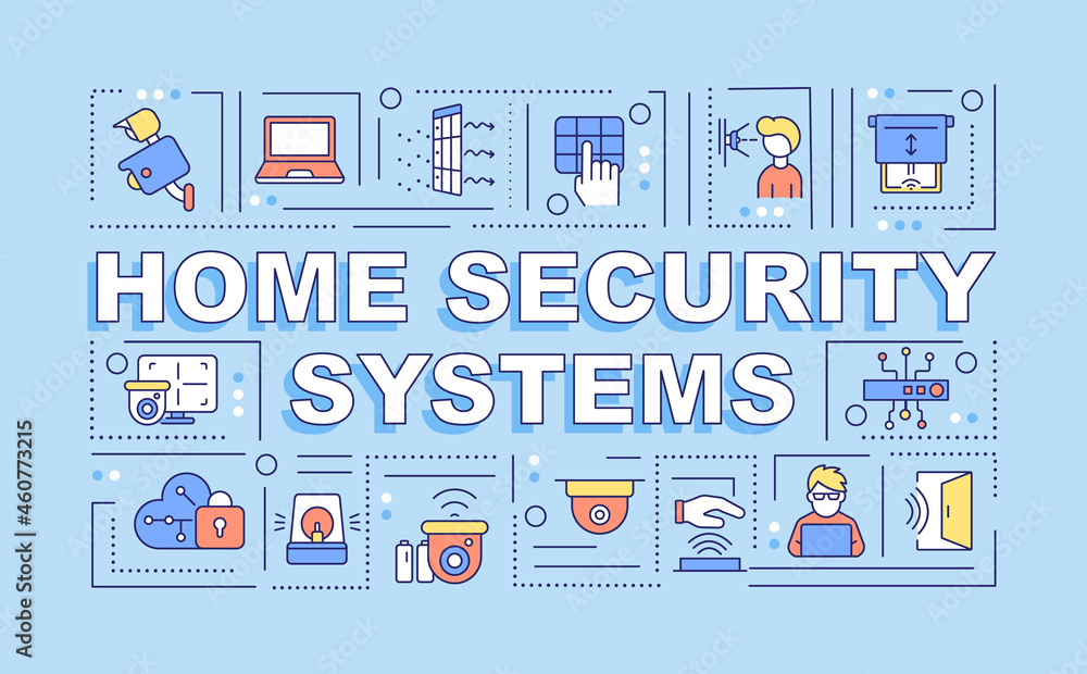 Home security systems word concepts banner. Protection tools. Infographics with linear icons on blue background. Isolated creative typography. Vector outline color illustration with text Home security systems word concepts banner. Protection tools. Infographics with linear icons on blue background. Isolated creative typography. Vector outline color illustration with text
