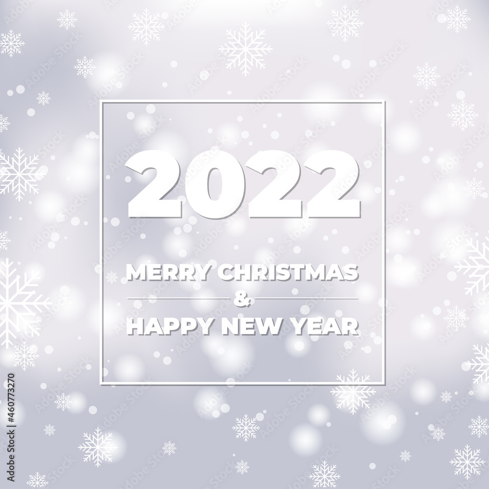 Happy new 2022 year white bokeh background with snowflakes. Festive defocused lights effect. Holiday glowing white lights with sparkles and snowflakes. Vector illustration Happy new 2022 year white bokeh background with snowflakes. Festive defocused lights effect. Holiday glowing white lights with sparkles and snowflakes. Vector illustration