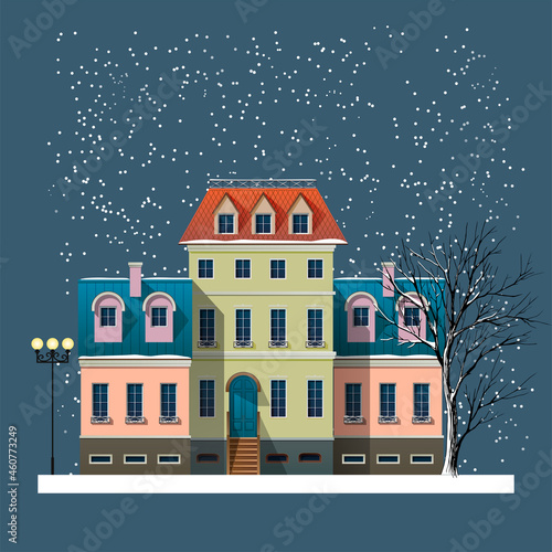 Christmas winter landscape with beautiful facades of houses. Vector illustration.