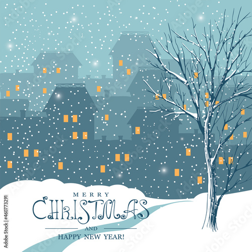 Christmas card with winter landscape and with silhouettes of houses. Vector illustration.