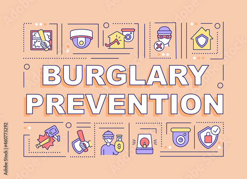 Burglary prevention word concepts banner. Home protection. Infographics with linear icons on orange background. Isolated creative typography. Vector outline color illustration with text