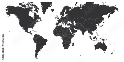 Map of World. Mercator projection. High detailed political map of countries and dependent territories. Simple flat vector illustration