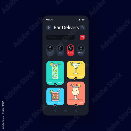 Alcohol drinks delivery night mode smartphone interface vector template. E-commerce. Mobile app page design layout. Online orders management screen. Flat UI for application. Phone display
